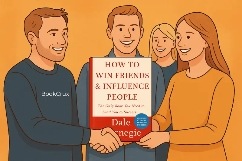 Illustration for Dale Carnegie’s “How to Win Friends and Influence People” Illustration of four people on a warm orange background smiling and shaking hands while holding Dale Carnegie’s “How to Win Friends and Influence People” book